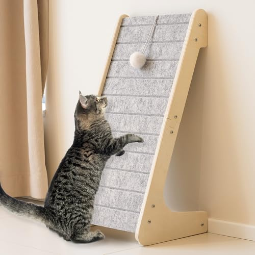 PETKARAY Griffoir en Feutre pour Chat, Tapis à gratter en Forme de L, Rampe en Feutre résistante aux griffures, Planche à gratter sans Fente avec Balle Jouet, Gris Clair