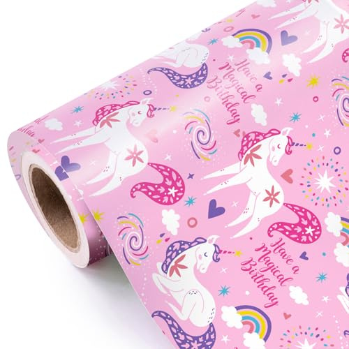 Ruspepa omslagspapper i rosa enhörning – minirulle – 43,2 cm x 5 m – ha ett magiskt födelsedags omslagspapper perfekt för flickor, födelsedag, baby shower, fest