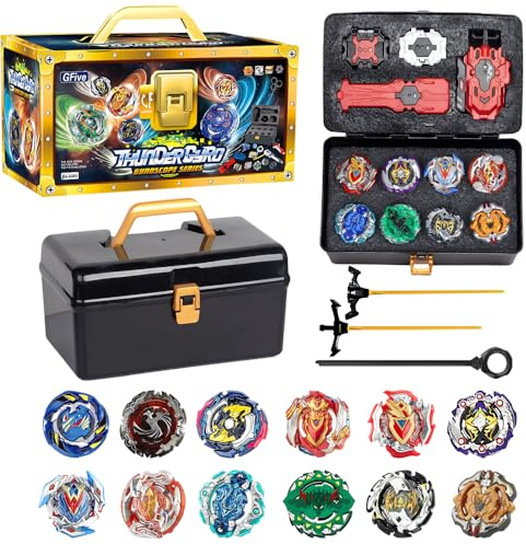 Burst Turbo Blade Kreisel Set, 12 In 1 Kampfkreisel Set, 4D Bey Metal Fusion Kreisel S-et mit 3 Burst Launcher, Griff und Koffer, Bur-st Krei-sel Battle S-et für Geburtstag/Weihnachten Geschenk