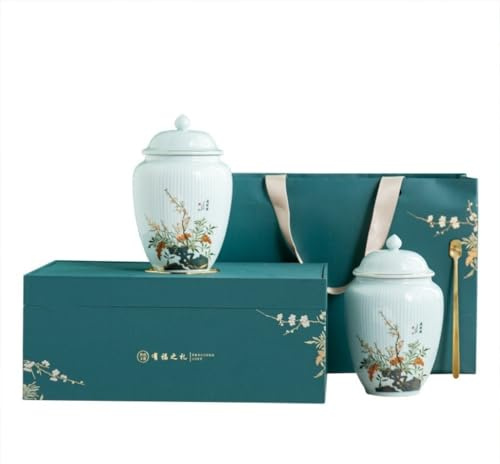 Tea Caddy Lös teförvaringsbehållare burk Keramisk förseglad med tesked Hem Kök Kinesiskt teset dubbelburk presentförpackning