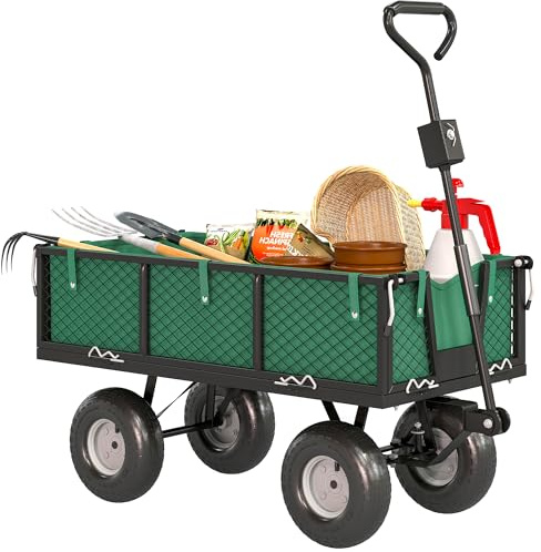 Outsunny Carrello da Giardino da 114L con 4 Ruote Grandi Capacità 200 kg, Carrello Spiaggia in Acciaio con Sacca Portaoggetti, Pareti Laterali Rimovibile e Maniglia Girevole, 105x51x54 cm, Verde