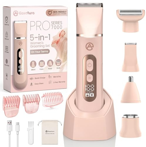 EaseAura 5-in-1 Lady Shavers for Women, Bikini Trimmer & Electric Razor | IPX7 Wet & Dry Use, USB-C Charging, 90-Min Runtime, Skin-Friendly Comfort For Body, Face, Nose, Ears, Underarms And Touch-Ups