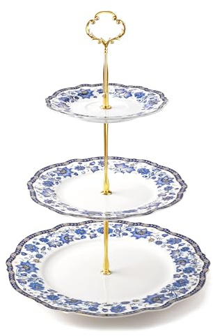 fanquare Bandejas para Pasteles Florales de Porcelana de 3 Pisos Bandejas para tartas Vintage Azul,Bandeja de Postre con Puntales de Metal Clásico Patrón para Fiesta Cumpleaños y Boda