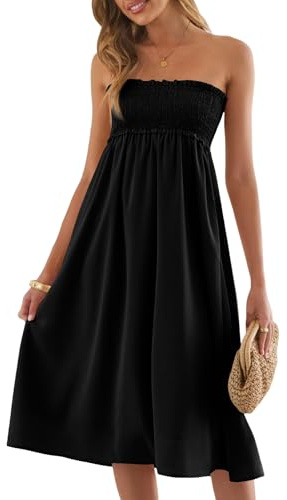 Women Strapless Summer Midi Dress Ruffle Flowy Beach Holiday Casual Dress | Lightweight Soft Fabric, Loose Elegant Fit, Bandeau Strapless Design, Ruffle Detail, Vacation Beach Wear