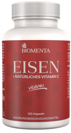 BIOMENTA Eisen + Natürliches Vitamin C - 120 Eisenkapseln hochdosiert (143% NRV) - aus Eisenbisglycinat + Acerola + Hagebutte (Vitamin-C-Quellen - 90mg) - Geschmacklos & vegan - Premiumqualität