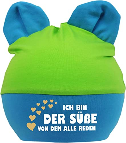 KLEINER FRATZ Kinder Baby Mütze mit Ohren Jungen Mädchen Babymütze Hat mitwachsend Ich bin DER Suesse von dem alle reden (Gr.2 (KU 39-53) (Gr. 68-98), royal-lime)