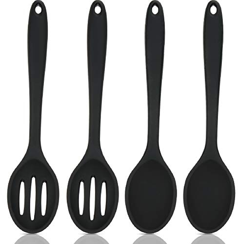 4-Piece Silicone Cooking Spoons Set - Nonstick Mixing & Slotted Spoons for Kitchen, Bake, Stir & Drain (Black)