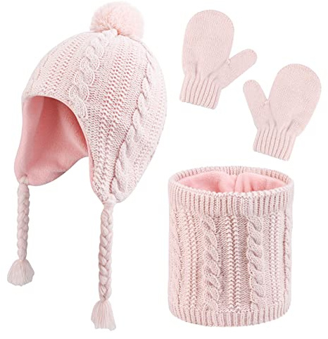 QKURT Niños Invierno Cálido Beanie Sombreros Snood Guantes Set, 3 en 1 Thicken Fleece Thermal Toddler Cap Bufanda Conjunto de Mitones para Niños de 2 a 5 años