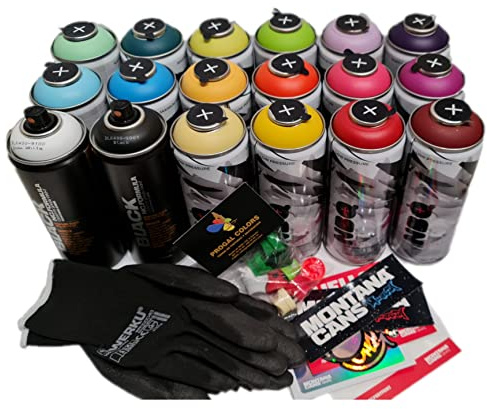 Montana Cans Set PROGAL COLORS NBQ Pro en Spray Mate Graffiti (2 x Montana Cans Black + 16 x NBQ) con Pegatinas, Guantes y 12 Difusores de Repuesto - Pintura en Aerosol de Baja Presión