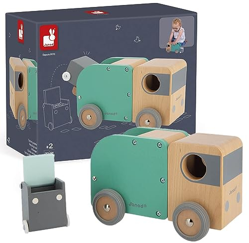 Janod - Bolid Müllwagen aus Massivholz - Magnetische Mülltonne Inklusive - Leise Räder - Fantasie und Feinmotorik - FSC-zertifiziert - Wasserfarbe - ab 2 Jahre, J04633