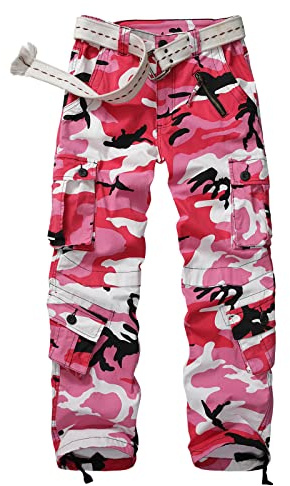 Raroauf Women's Camo Cargo Pants Casual Military Combat Work Trousers Camouflage Capri Pants with 8 Pockets Pink Size 14