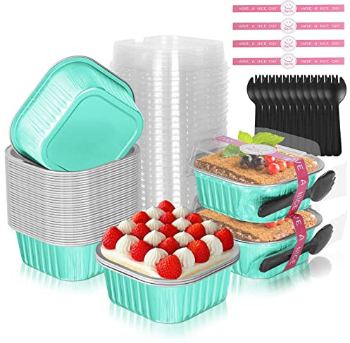 HEYYUMI 10oz Mini Cake Pans with Lids, 40 Pack Aluminum Foil Brownie Pans,Disposable Ramekins Muffin Tins,Square Baking Pans Cupcake Cups,Individual Dessert Containers Flans for Brownie - Blue