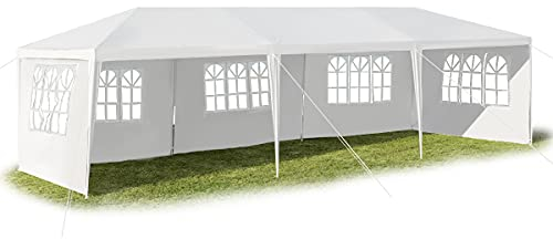 KOMFOTTEU Carpa Plegable 3 x 9 m, Cenador de Jardín con 5 Paredes Laterales Extraíbles y Ventanas, Carpa para Fiesta con Protección UV, Tienda Plegable Portátil, para Eventos, Bodas, Blanco