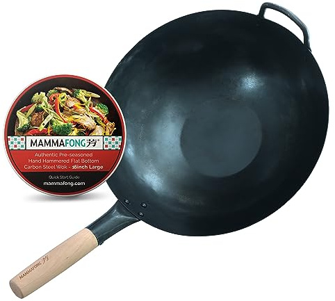 Mammafong Large Flat Bottom 16-inch Traditional Carbon Steel Wok Pan - Authentic Hand Hammered Woks and Stir Fry Pans - Pow Wok with no Chemical Coating