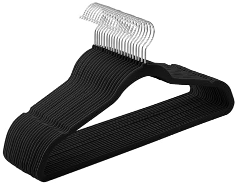 SONGMICS Kleiderbügel Samt, 20er Set, Bügel, Jackenbügel, 41,5 cm breit, Anzugbügel, dünn, gut belastbar, um 360° drehbarer Haken, für Mäntel, Hemden und Anzüge, schwarz CRF026B20