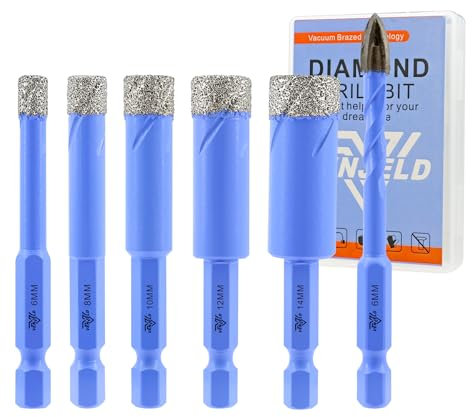 Juego de Brocas Diamante Seco - 5 Piezas 6/8/10/12/14mm Corona Diamante y 6mm Broca de Carburo para Baldosas de Porcelana Cerámica Mármol Granito - Vástago Hexagonal de Cambio Rápido con Estuche