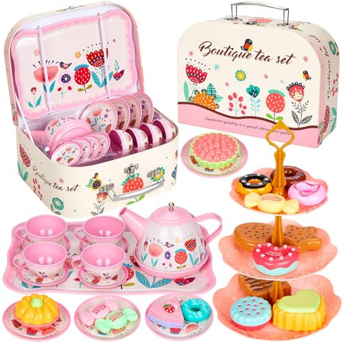 Damcyer Teeservice Kinder, 33 Pcs Tee Service Set Kinder, Teeservice, Teeparty-Set für Jungen und Mädchen, Teeparty Rollenspiel für kleine Mädchen