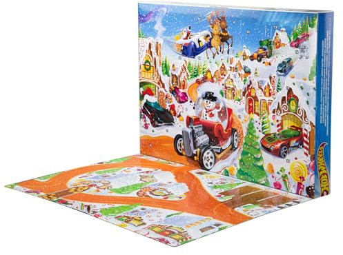 Hot Wheels Toy Cars & Playset, 2025 Advent Calendar with 10 Vehicles in 1:64 Scale, 10 Ornament Clips & 14 Winter-Themed Accessories, JCB47