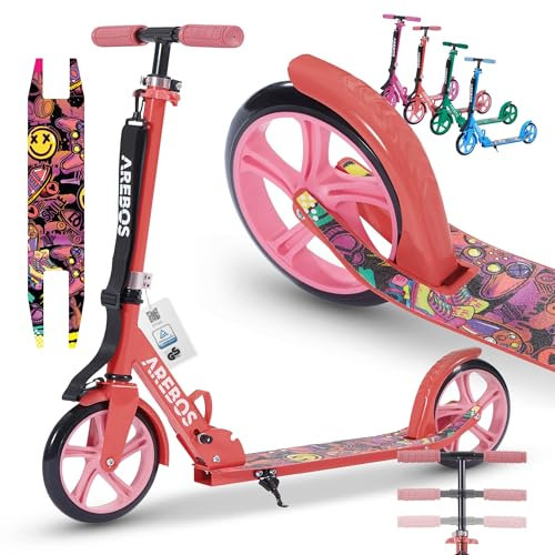 Arebos Cityroller Tretroller Rot Scooter höhenverstellbar | klappbar | inkl. Traggurt | XXL Räder | Tritt-Bremse | für Kinder und Erwachsene | bis 100kg belastbar | Kickroller | Kickscooter