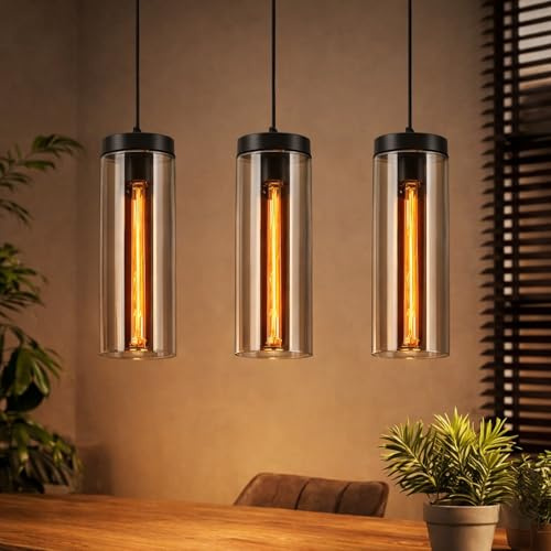 CBJKTX Hängelampe Vintage Pendelleuchte Esstisch - 3 Flammig Hängeleuchte Glas Esstischlampe Hängend Industrial E27 Esszimmerlampe Pendellampe Höhenverstellbar für Küche Wohnzimmer (ohne Leuchtmittel)