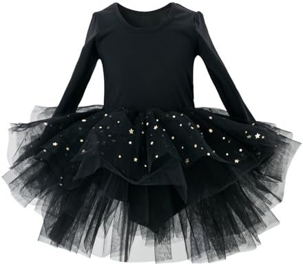 Robe tutu de ballet à manches longues avec couches moelleuses et jupe en tulle à paillettes pour petite fille, Noir/blanc, 7-8 ans