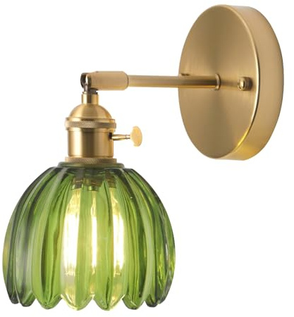 TOKTOP - Aplique de pared con diseño de flor vintage de latón dorado y cristal verde con interruptor lámpara de pared E27 para cuarto de baño, dormitorio, sala de estar, cocina