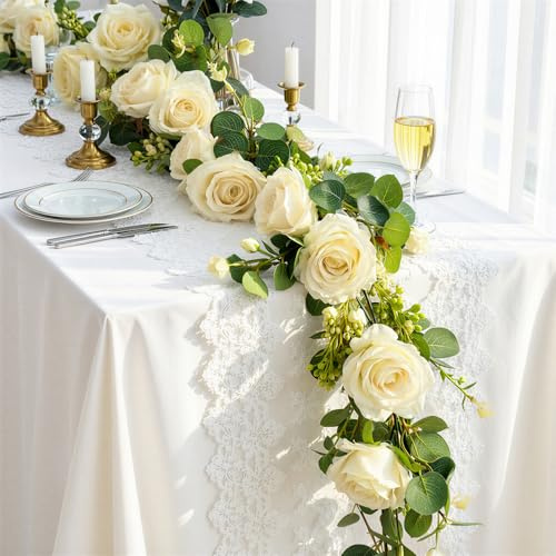 Lewondr 6 FT Artificial Eucalyptus Flower Garland, 8 Champagne Roses, 1 pcs