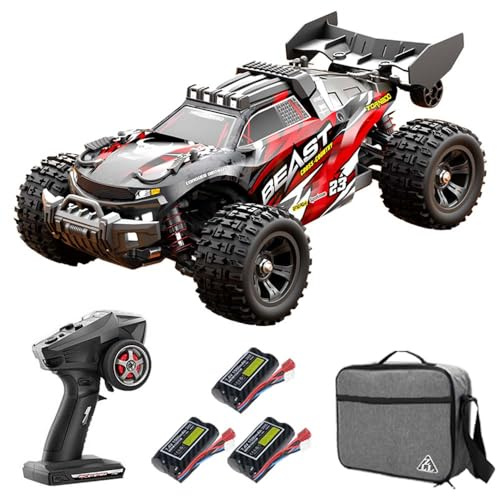 Teeggi SG118 MAX Fjärrstyrd bil för vuxna 60 km/h med bärväska, 1:18 4WD Off Road Race Buggy, borstlös motor RC hög hastighet offroad drift racerbil, 3 batterier (röd)