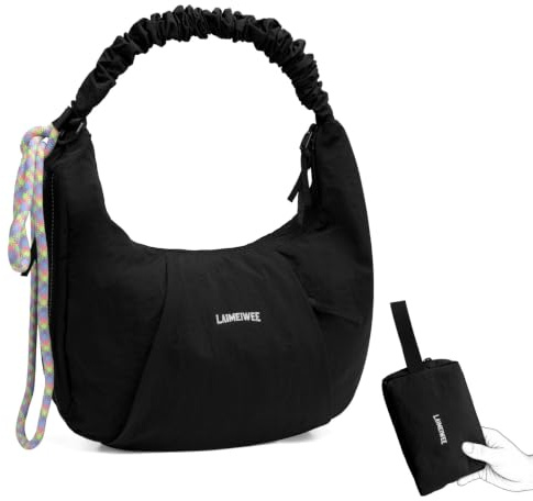 Bolso de hombro para mujer, bolso hobo de nailon suave y ligero, resistente al agua, bolso cruzado cruzado holgado, Negro, Medium