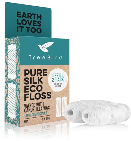 Biodegradable Dental Floss Refills 2-pack | For Refillable Glass Holder | Naturally Waxed With Candelilla Wax | 100% Compostable | Natural Silk Spools of 66 yds/60m | Eco-Friendly Zero Waste Oral Care