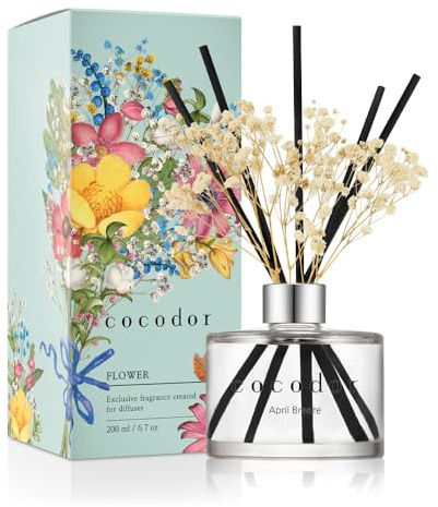 Cocod'or [COCODOR/April Breeze Flower Reed diffusers Oil with a Set of 5 Fiber Sticks, 200ml, Best for Home, Kitchen, Bathroom. Diffusers with sticks