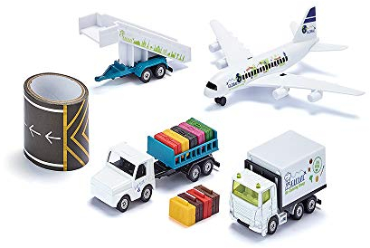 siku 6312, Flughafenset, Metall/Kunststoff, Weiß, Inkl. Verkehrsflugzeug, Catering-Fahrzeug, Anhänger mit Fluggasttreppe, Flughafenschlepper, Kofferanhänger und 5m langes Rollfeld-Tape