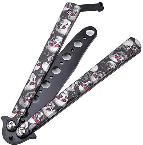 AIFUSI Butterfly Knife Trainer,Training and Practice for Kids and Adults, Steel Balisong Trainer Unsharpened Blade, 100% Safety Balisong Dull Outdoor Camping Hiking Tactical Sports Cool Skull Grey