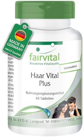 fairvital Haar Vital Plus, 60 tabletter, med pantotensyra, biotin, zink, vitamin A & B6 m.m., kvalitetskontrollerat och högdoserat, 100% veganskt, tillverkat i Tyskland