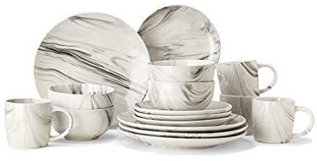 American Atelier Piper Tafelservice rund - 16-teilig Steinzeug Kollektion mit 4 Speisetellern, 4 Schalen & 4 Tassen - einzigartige Geschenkidee für jeden besonderen Anlass oder Geburtstag, grau