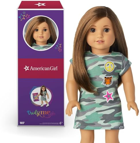 American Girl Truly Me 18-Inch Doll 107 with Brown Eyes, Layered Straight Brown Hair, Light-to-Medium Skin with Warm Undertones, Camo T-Shirt Dress