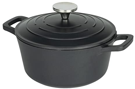 Commichef Runde Kasserolle, Auflaufform, Schwarz, Aluminiumguss, Mit Deckel, 20cm Durchmesser, 2,8 Liter Fassungsvermögen, Geeignet für Backöfen und Kochfelder, XR-720BK