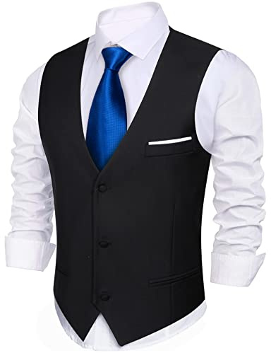 Barry.Wang black Mens Suit Vest Slim Fit V-Neck 2-Pocket Solid Color Waistcoat Dress Formal Business Tuxedo Wedding Party