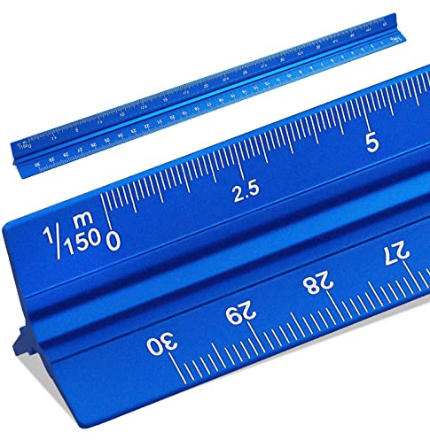 SZXMDKH Regla triangular de metal de 30 cm, aluminio anodizado, 1/20, 1/25, 1/50, 1/75, 1/100, 1/150 (azul)