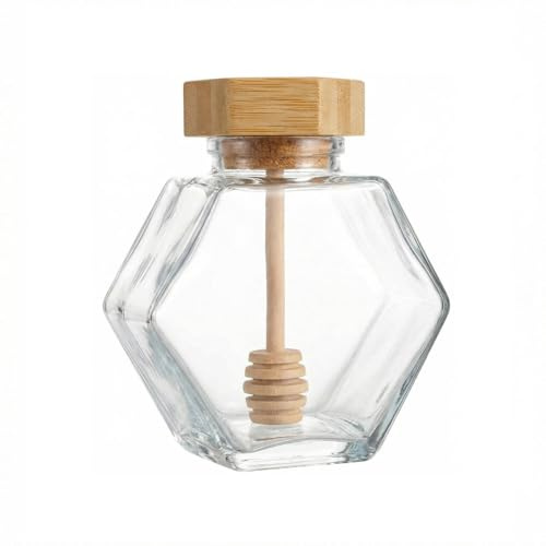 Barattolo di vetro vuoto da 380 ml con dispenser per miele a forma esagonale a forma di mestolo, per casa, cucina, negozio di miele e sciroppo, marmellata gelatina