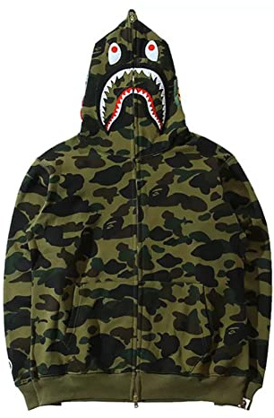 LIAOPUFUS Uomo 3D Stampato Shark Felpa con Cappuccio Hip Hop a Maniche Lunghe Zipper con Cerniera Mimetica Moda Street Wear(M,Verde militare)