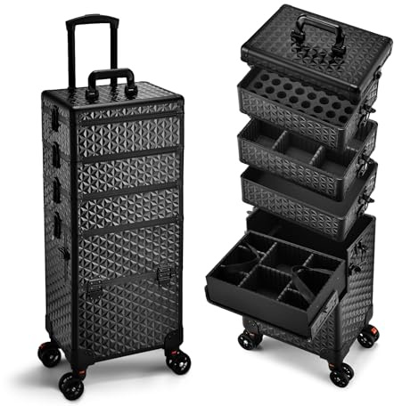 Yueieoun 5 in 1 Makeup Train Case, Cosmetology Case on Wheels Travel Make up Case Rolling Nail Cart Makeup Organizer Cosmetic Storage Box Cases Extra Large Trolley Truck with 360° Swivel Wheels, Black