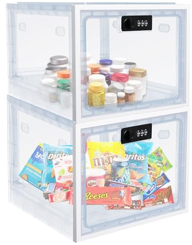 Gekufa Abschließbare Box 2 Stück, Medikamenten Aufbewahrungbox Abschließbar, Große Transparente Kiste mit Zahlenschloss für Medizin, Snack und Handy Gefängnis, Aufbewahrungsbox Abschliessbare (Weiß)