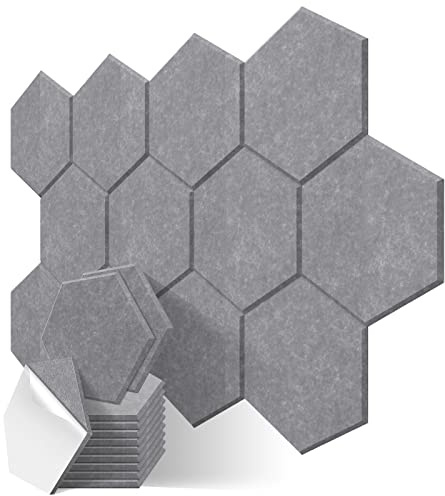 JBER 12 Pack Hexagon Acoustic Wall Panels Self-adhesive,30 X 26 X 1cm | Beveled Edge Sound Proof Foam Panels, High-Density Sound Absorbing Wall Panels For Acoustic Treatment,Home Office ,Grey