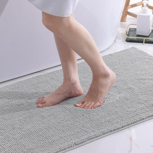 OLANLY Chenille Badematte rutschfest Badezimmerteppich Weich Badteppich Saugfähige Badvorleger Waschbar Großes Duschvorleger für Badezimmer, 60 x 120 cm, Hellgrau