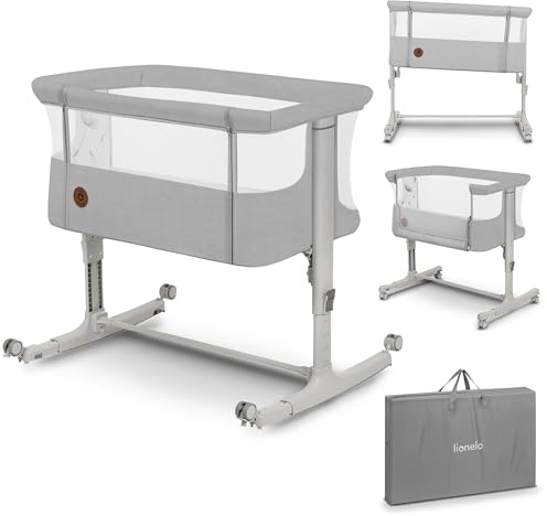 lionelo Aurora 3 en 1 Lit bébé jusqu'à 9 kg Cododo, Berceau Réglage de la Hauteur et de l’Inclinaison du Matelas 4 roulettes avec Freins Matelas Ergonomique Sac (Gris Clair)
