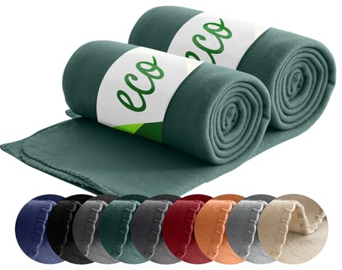 wometo Juego de 2 mantas de forro polar ecológico de material 100% reciclado + certificado Öko-Tex, 130 x 160 cm, aprox. 400 g, color verde oscuro con antibolitas y borde ribeteado