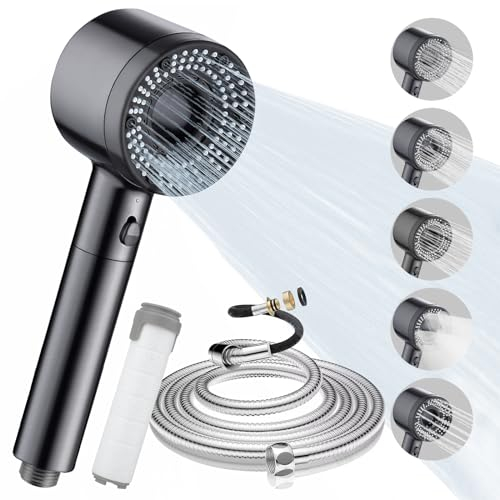 Shower Head Set, 5 Modes Filter Shower Head, Handheld Shower Heads with 2m Stainless Steel Shower Hose, Powerful Shower Heads Less Water Up to 40%, Bathroom Accessory for Low Water Pressure