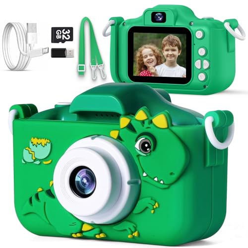 Kids Camera for 3, 4, 5, 6, 7, 8, 9 Year Old Boys Girls – 1080P HD Kids Video Camera, Dinosaur Christmas Birthday Gifts, Toddler Dual Lens Digital Camera with Games, Toys for Toddlers - 32GB SD Card