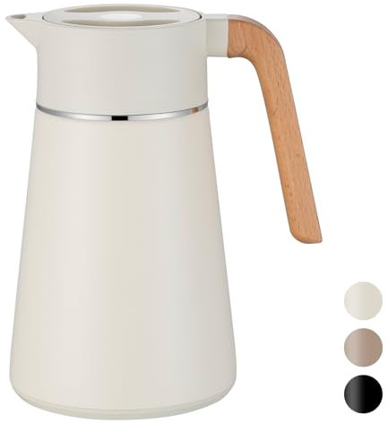 VETIN 1,5L Thermoskanne mit Teesieb, Teekanne mit Siebeinsatz Thermo, Kaffeekanne Thermo 304 Edelstahl, Isolierkanne mit Holzoptik Griff, 10h Hitze / 16h Kälte (Weiß + Beige)